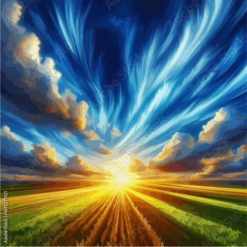 "Vivid blue midday sky, crisp horizon, soft light clouds"

