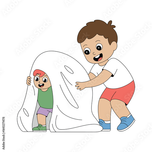 Two happy children playing a fun game of hide and seek