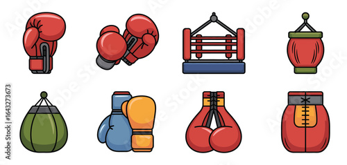 Boxing equipment collection featuring gloves and punching bags