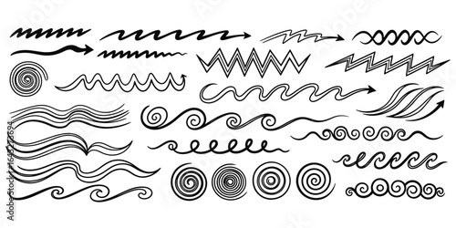 A diverse collection of hand-drawn sketch lines and doodle elements, including arrows, swirls, spirals, and wavy dividers.