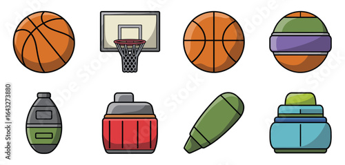 Collection of sports equipment and water bottles