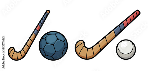 Field hockey and hurling sticks with balls illustration