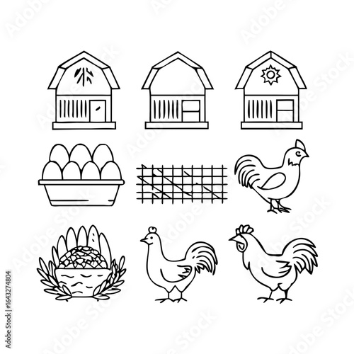 Poultry Farming line icon set. Vector pictograms of chicken, eggs incubator, henhouse, feeding equipment, free-range, rooster, agriculture, organic farm thin linear illustration. See Less