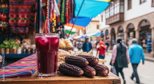 Traditional peruvian chicha morada drink with purple corn at a street market in Cusco