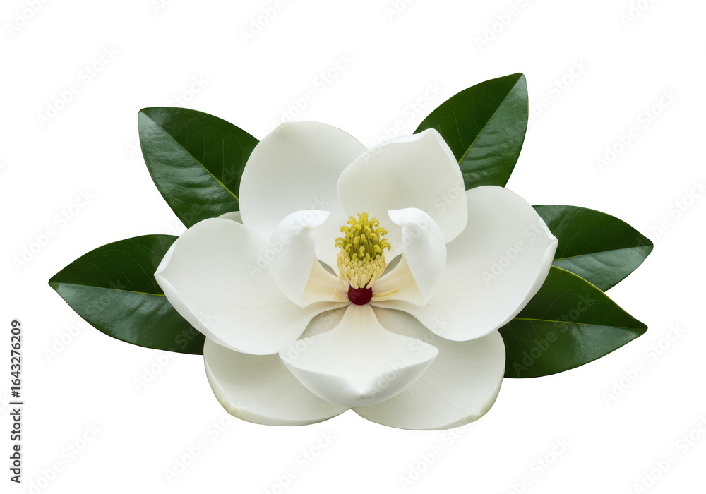 Obraz premium Single white magnolia flower with green leaves isolated on transparent background
