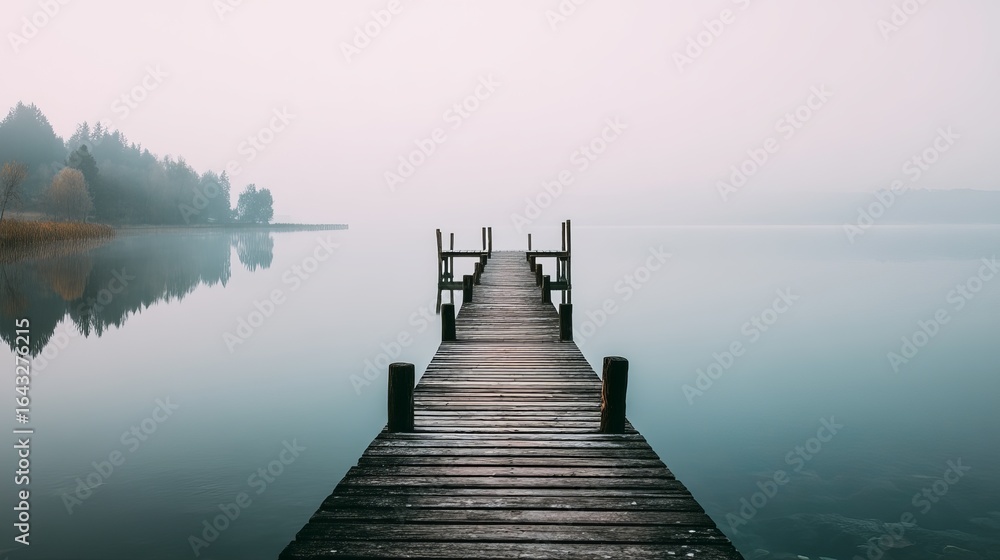 Fototapeta premium A tranquil wooden pier extending into a foggy lake, surrounded by soft earth tones and serene reflections.