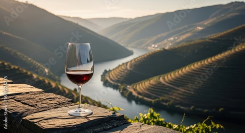 Glass of red port wine with a beautiful sunset view of the douro valley vineyards in portugal