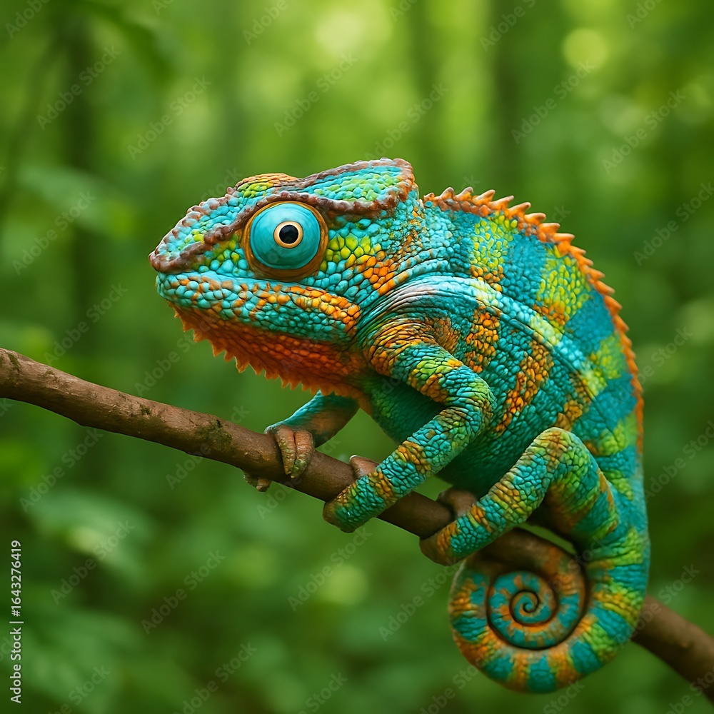 Fototapeta premium Vibrant Chameleon Perched on Branch in Lush Forest