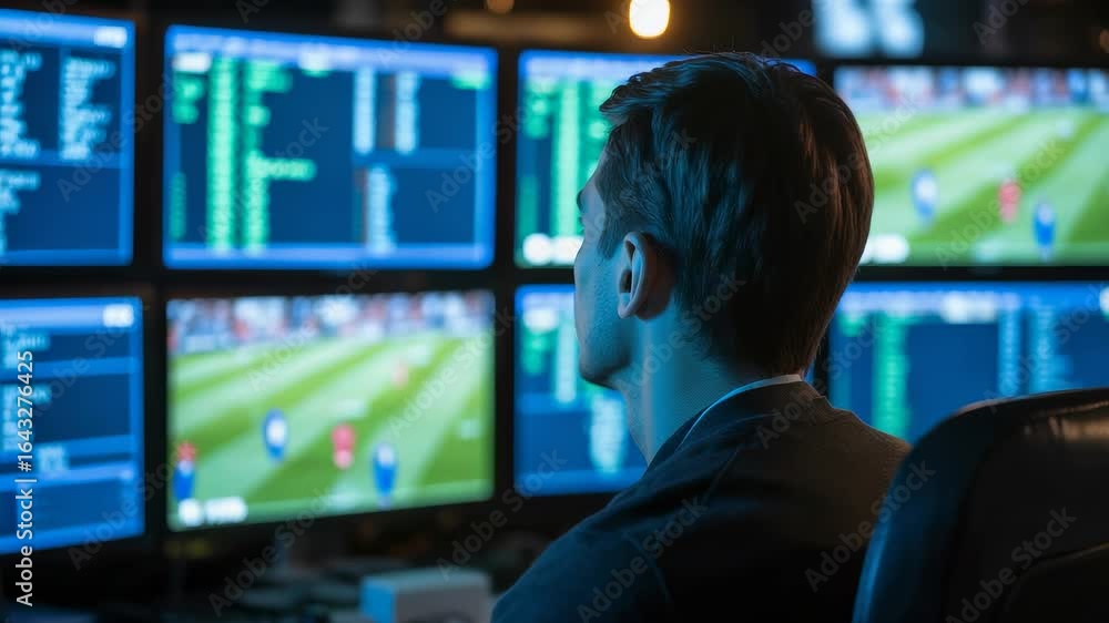 Man analyzing live sports betting data on multiple computer monitors with detailed statistics and real-time match visuals in office setting
Man analyzing live sports betting data on multiple computer monitors with detailed statistics and real-time match visuals in office setting