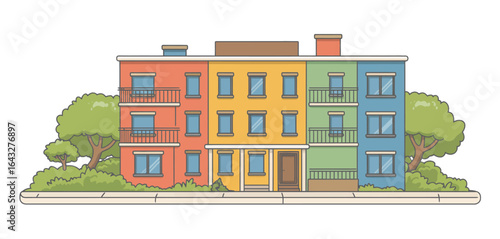 Colorful row houses with trees and sidewalk illustration