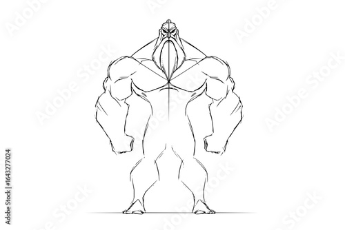 Illustration of a muscular character with a long beard and a stern expression in black and white style