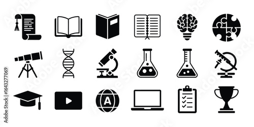 A diverse set of black glyph icons representing concepts of education, scientific research, and modern online learning