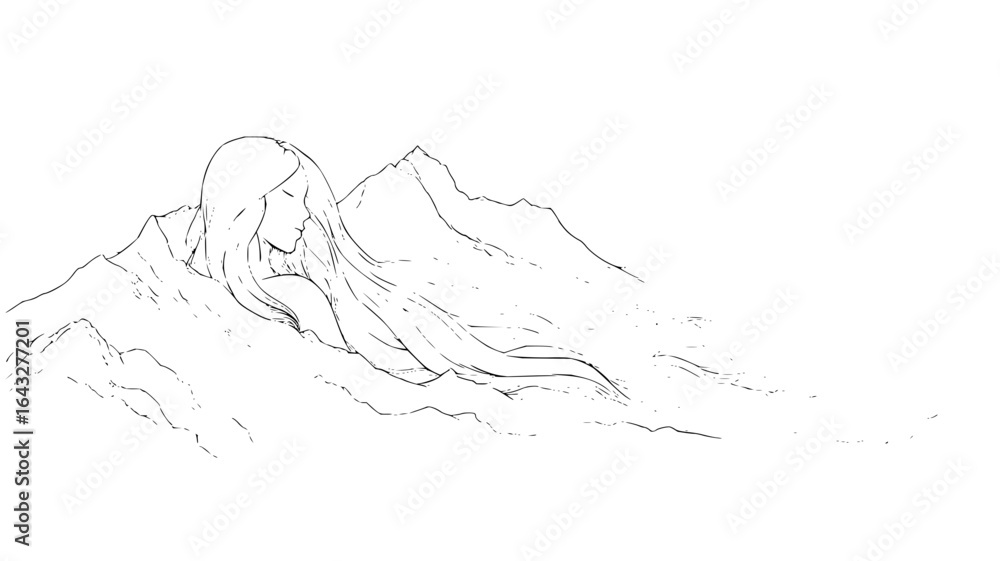 Obraz premium Line art of a woman with long hair blended into a mountain range in a minimalist black and white drawing