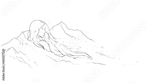 Line art of a woman with long hair blended into a mountain range in a minimalist black and white drawing