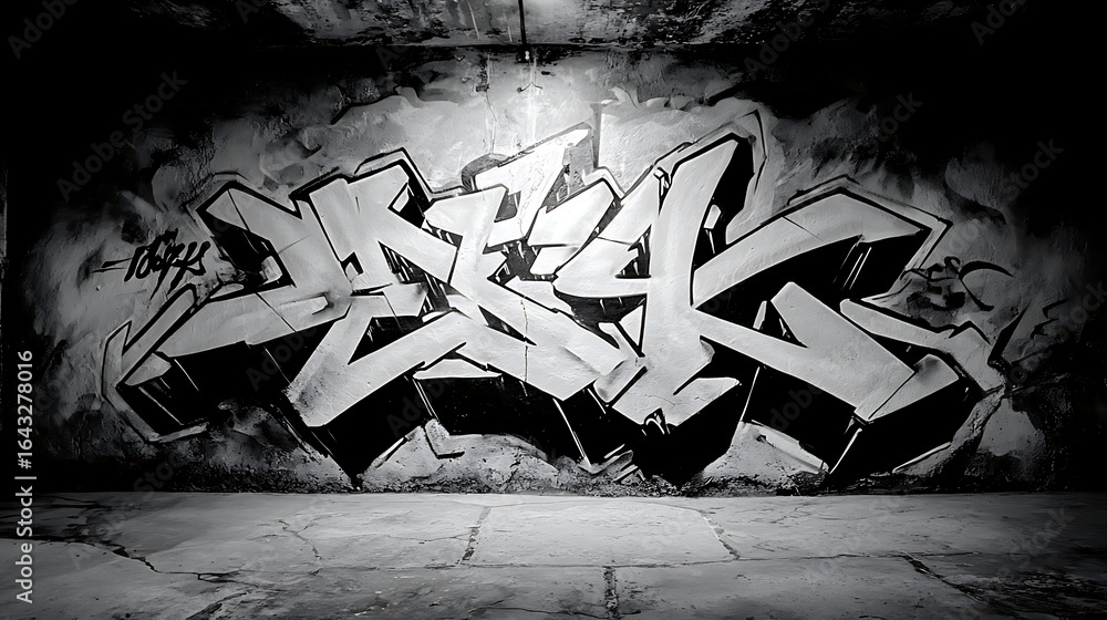 Naklejka premium Monochrome Graffiti Art on Concrete Wall in Urban Setting