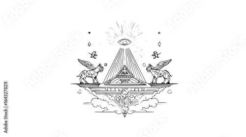 Illustration of winged dogs flanking a pyramid with an eye above, all on clouds, with radiating lines above