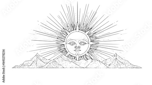 Illustration of a sun face with radiating lines above a mountain range in a black and white drawing style
