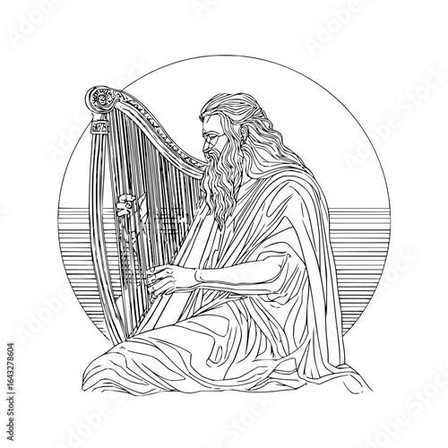 Detailed line art of a bearded man playing a harp while seated with a circular background element