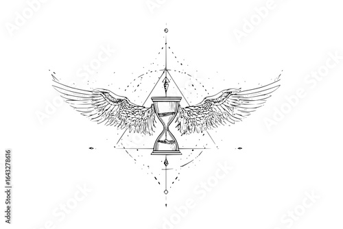 Hourglass with wings and geometric shapes in black and white line art style detailed illustration