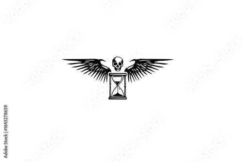 Illustration showing a skull above an hourglass with wings spread out on a white background design art