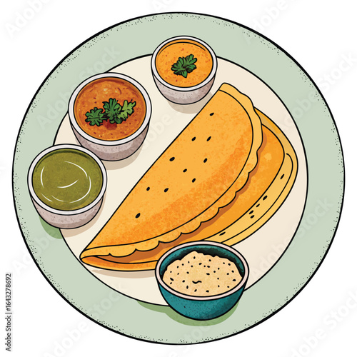A delicious south indian dosa served with three flavorful chutneys and sambar on a light green plate