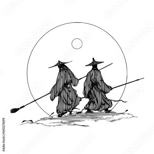 Two figures in robes and conical hats walking with poles against a circular backdrop with a smaller circle