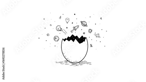 Doodle style drawing of a cracked egg with planets, stars, and rockets emerging from the cracked shell design