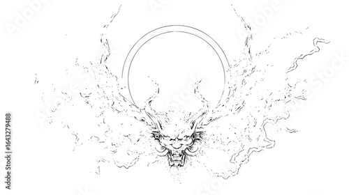 Illustration of a demon head with horns and a circular halo surrounded by wispy smoke designs