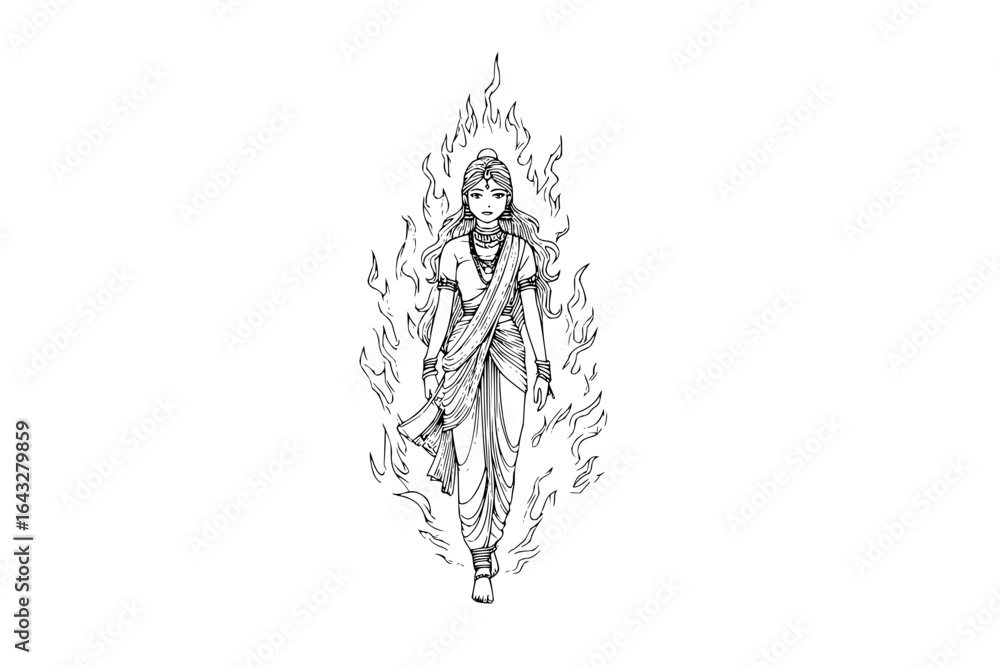 custom made wallpaper toronto digitalIllustration of a woman in traditional indian clothing surrounded by flames in black and white line art style