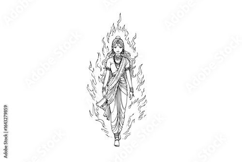 Illustration of a woman in traditional indian clothing surrounded by flames in black and white line art style