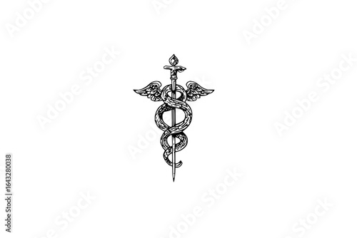 Illustration of a caduceus symbol with two snakes entwined around a winged staff on a white background