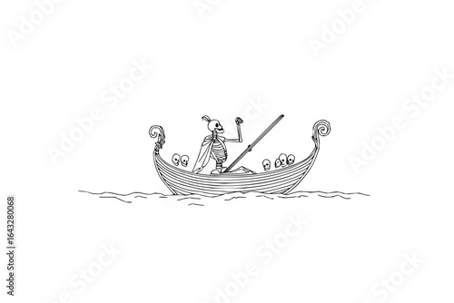 Skeleton rowing a boat filled with skulls on water in a black and white drawing style illustration scene