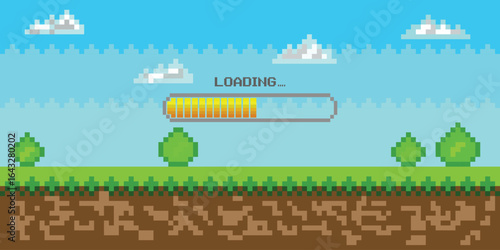 Loading bar. pixel game background, natural landscape with blue sky, trees and green grass. Pixelated 8 bit video-game. Arcade interface with golden cup and stars. Computer game victory.