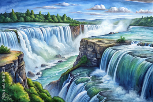 Niagara Falls massive waterfalls, mist rising, rushing river, border between USA and Canada, powerful natural wonder