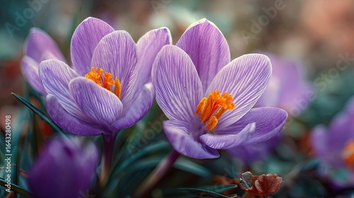 A high-quality photo captures vibrant purple crocus flowers blooming gracefully in the fresh spring sunlight.