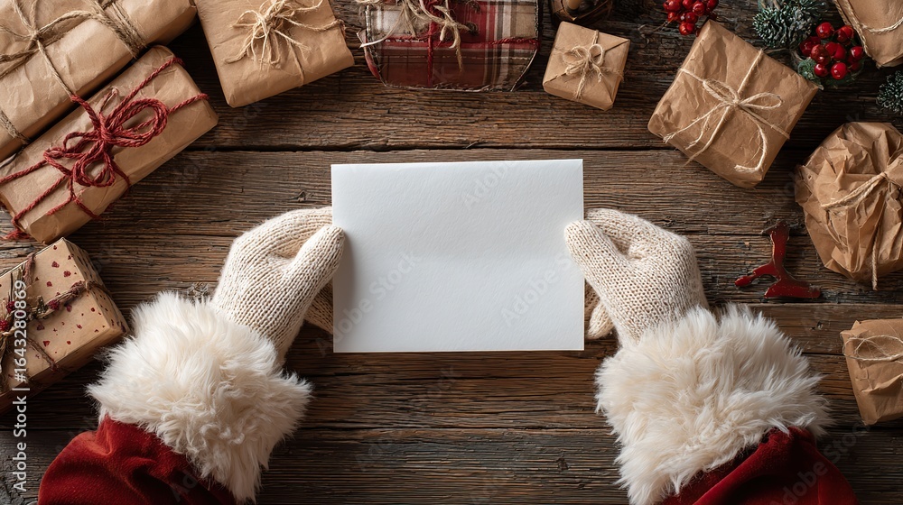 Obraz premium First person view of Santa Claus gloved hands holding open blank white letter on rustic wooden table with kraft paper wrapped Christmas gifts, festive scene with copy space