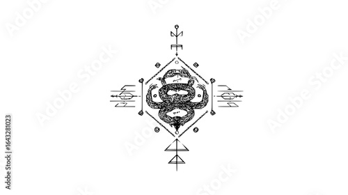 Symmetrical design featuring intertwined snakes within a diamond shape and geometric elements above and below