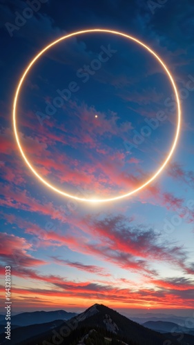 Majestic sunset ring glows over mountain range illuminating sky and clouds beautifully