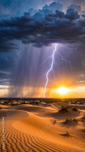 Natures drama unfolds as lightning strikes amidst a vibrant sunset over desert dunes