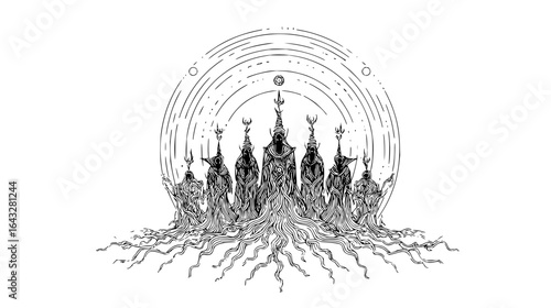 Seven figures in robes with tall headwear standing above roots under a circular celestial pattern design