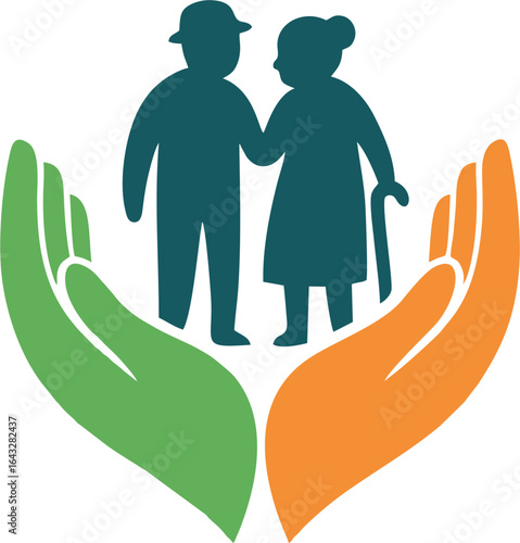 Flat vector illustration of hands protecting an elderly couple, representing senior care, health safety, compassion, and community protection services.