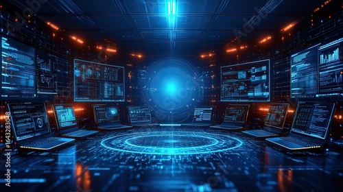 High - tech Control Room with Multiple Monitors and Laptops, Futuristic Digital Interface