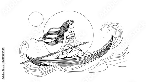 Illustration of a woman with flower in hair rowing a boat on water with sun and waves in black and white