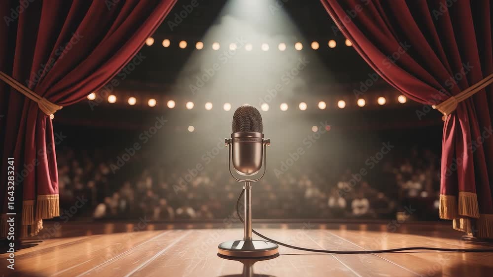 Vintage microphone on wooden stage under spotlight with red theater curtains and blurred audience in background during live performance

