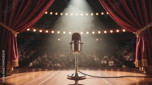 Wallpaper Mural Vintage microphone on wooden stage under spotlight with red theater curtains and blurred audience in background during live performance

 Torontodigital.ca