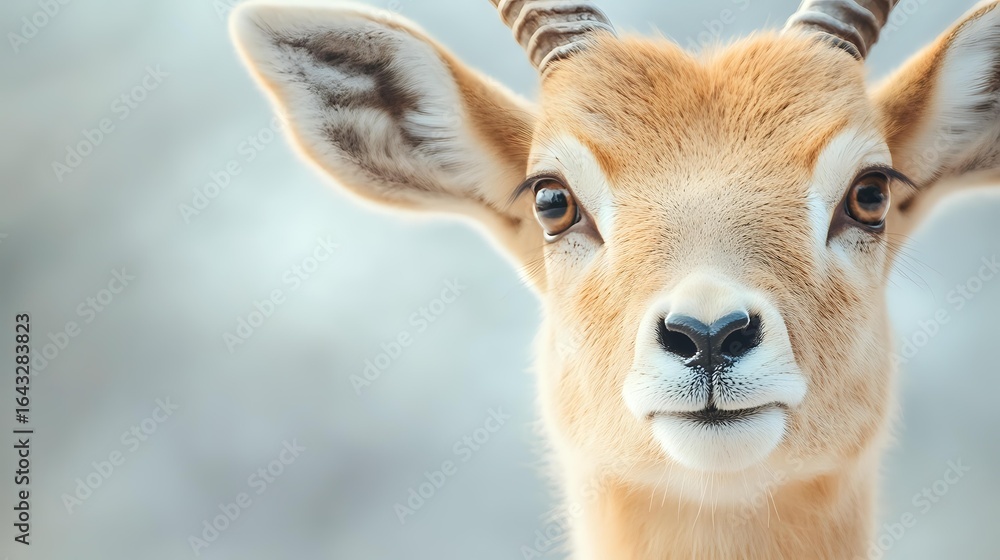 Obraz premium Close up portrait of young antelope with soft beige fur and large expressive eyes against blurred natural background, showing gentle facial features and alert ears.