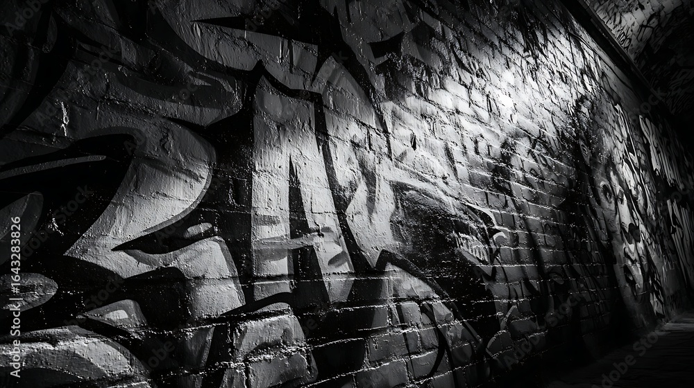 Naklejka premium Monochrome Graffiti Art on Brick Wall