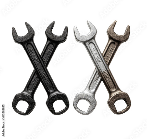 Three wrenches in black, gray, and silver, crossed in an 'XX' formation