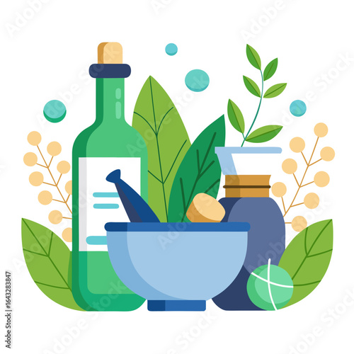 Homeopathic Medicine Bottles and Globules with Green Leaves and Mortar Pestle Vector Illustration