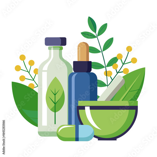 Homeopathic Medicine Bottles and Globules with Green Leaves and Mortar Pestle Vector Illustration